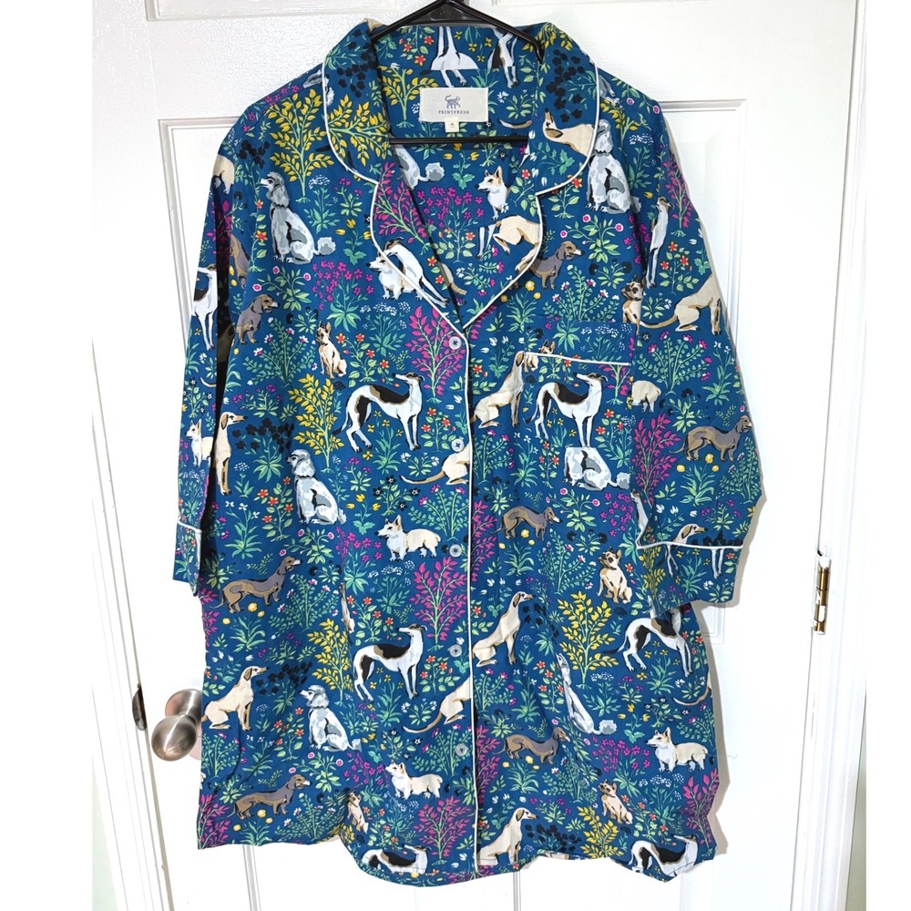 Printfresh Good Dog Organic Cotton Sleep Shirt Teal Blue Floral Nightgown XL NEW
